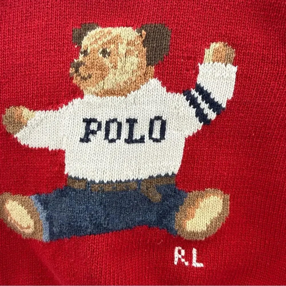 Vintage 90’s Polo Ralph Lauren Teddy Bear Sweater Red 100% Cotton Size 24 Months - Picture 4 of 8